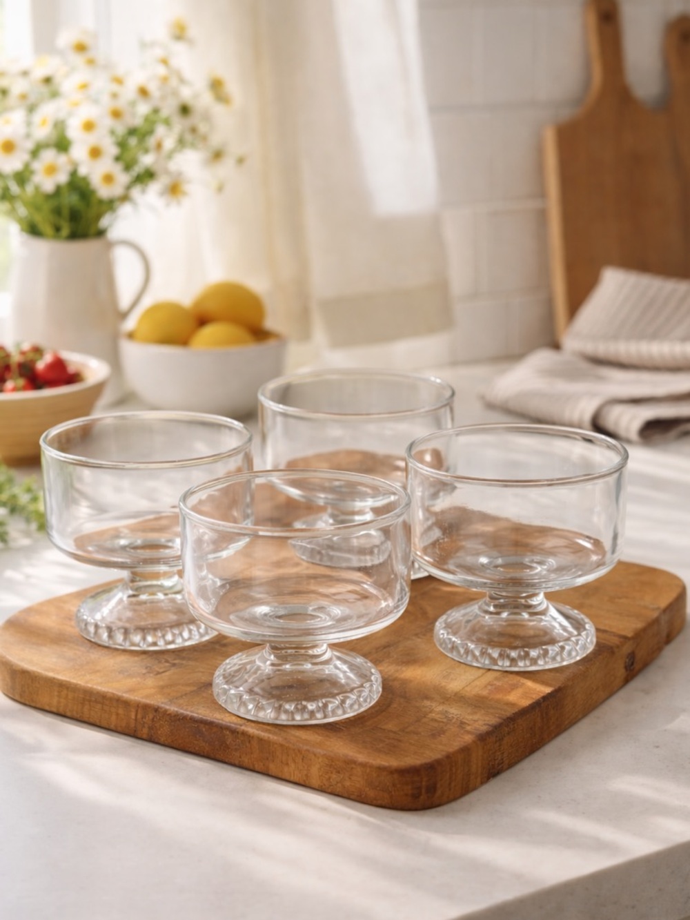 VTG Set 4 Anchor Hocking Cubist Footed Sherbet/Dessert Dishes Clear Glass Bowls